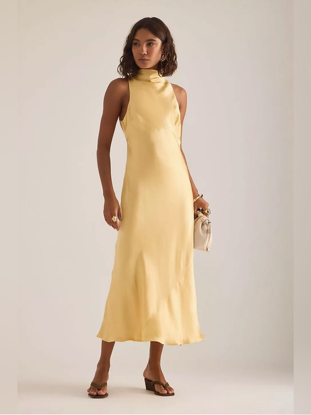 Quince Washable Stretch Silk High Neck Midi Dress Butter Yellow Size Medium